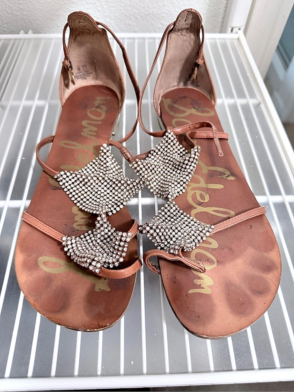 Sam Edelman Tyra Embellished Leather Sandals Brown US 7.5